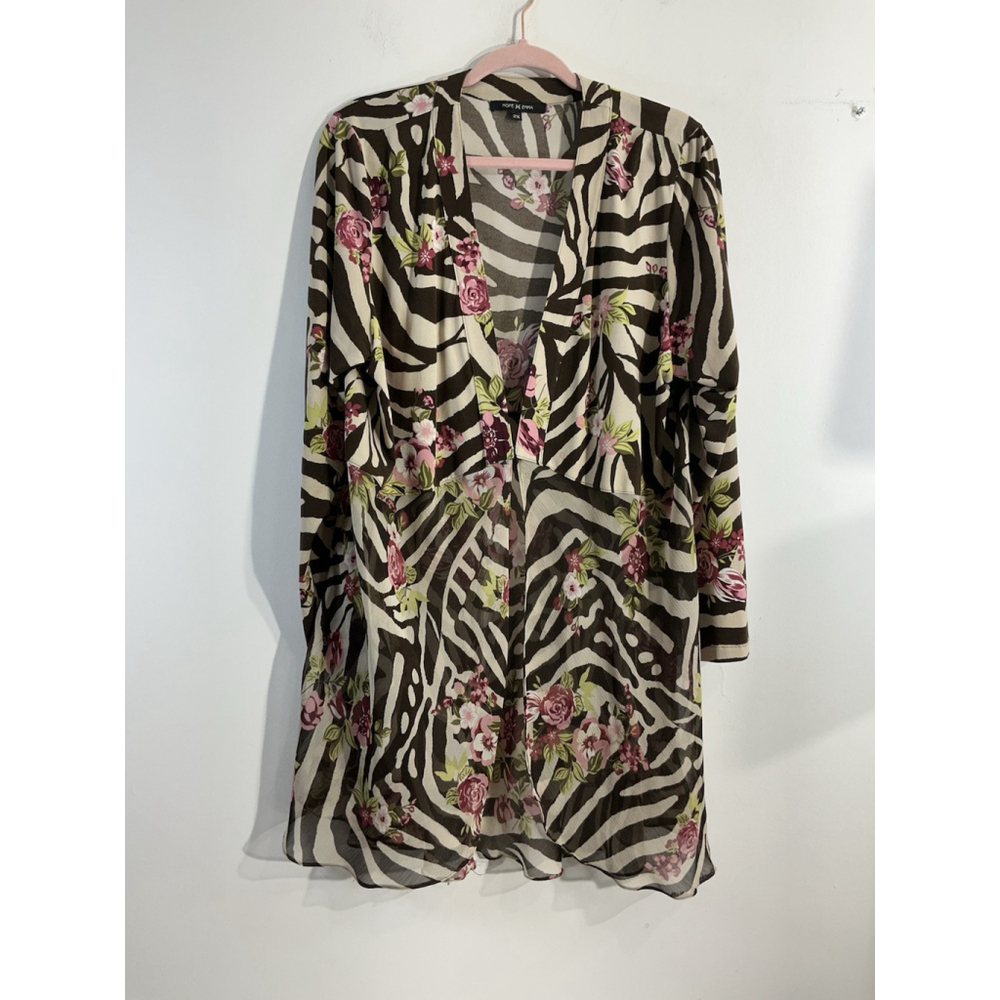Womans Hope Emma Size 2x Brown Beige Pink Floral Long Sleeve Sheer Kimono